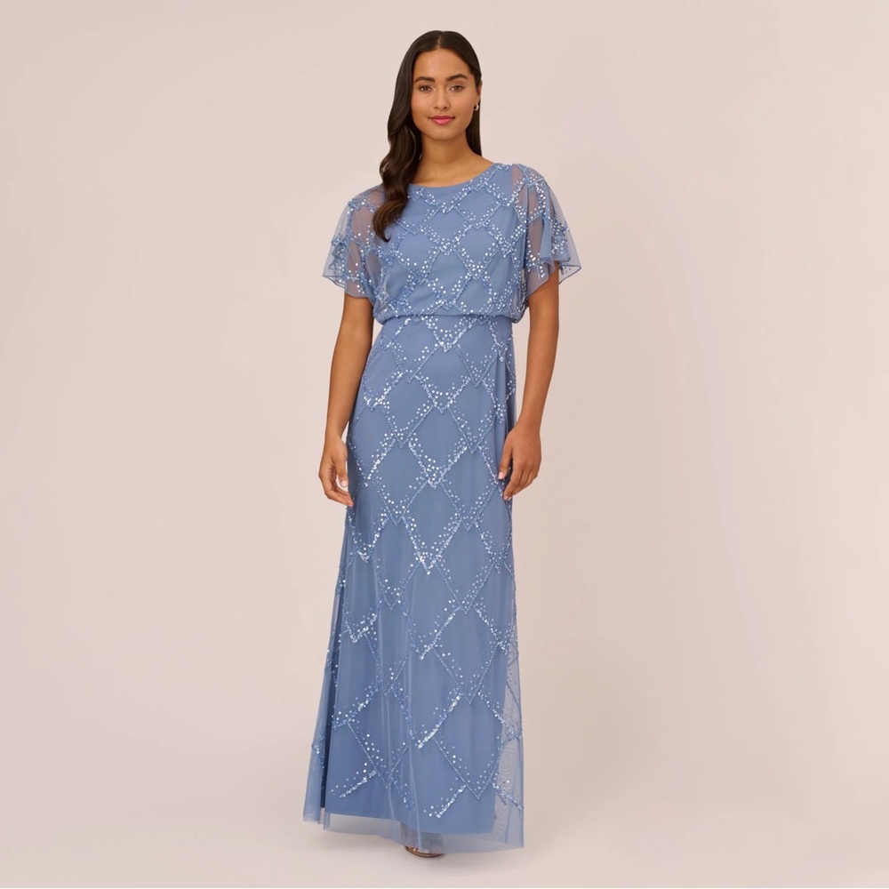 Adrianna Papell French Blue Blouson Flutter Sleeve Beaded Gown